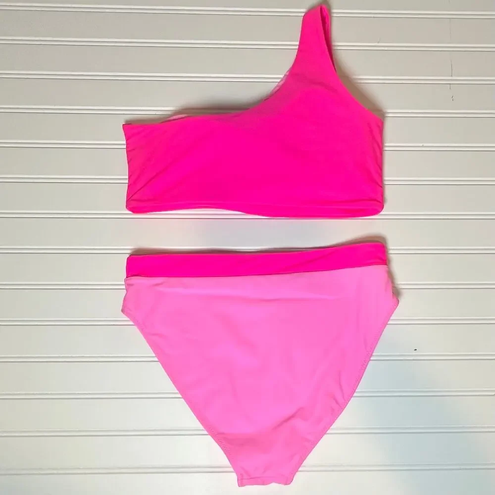 Women Pink Colorblock Bikini Set One Shoulder Cutout 2 Piece L